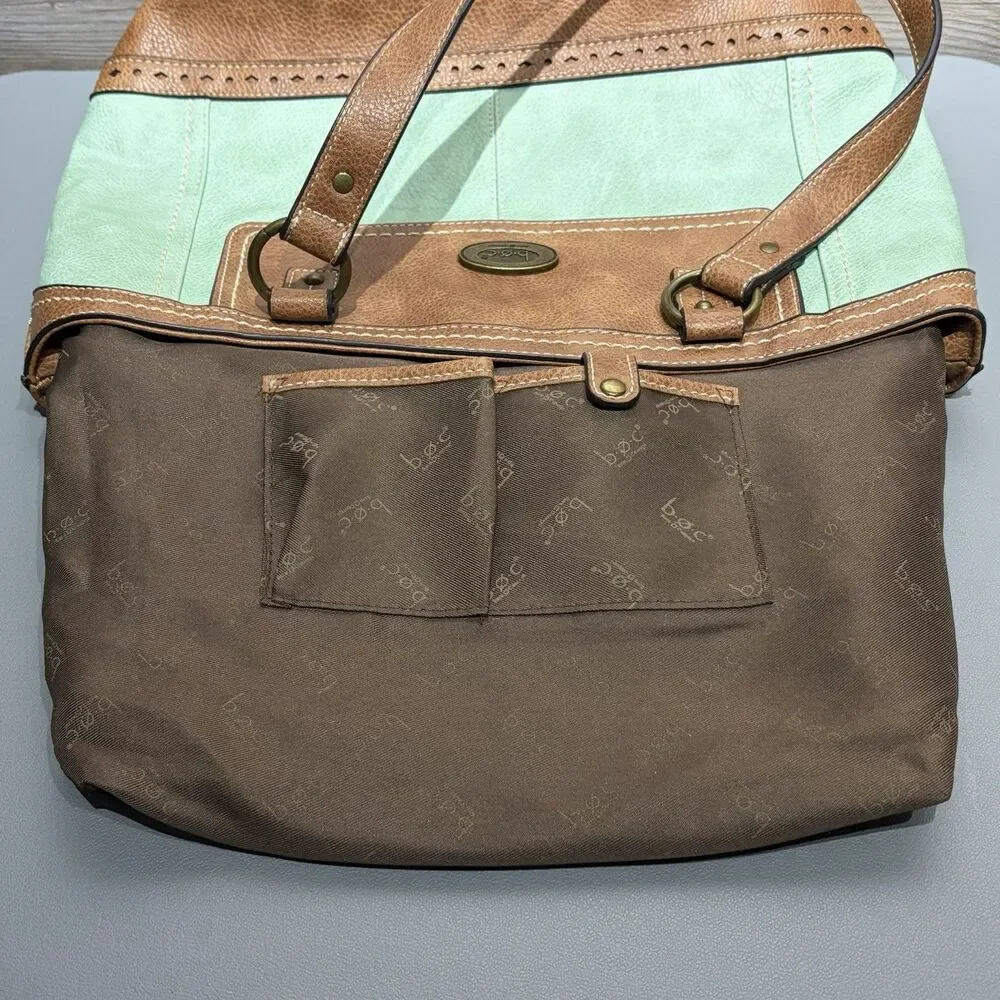 B.O.C Born Vegan Leather Vinyl Shoulder Handbag Aqua / Brown Boho Double Handle